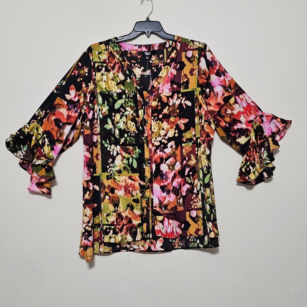 Slim Factor Womens Top Blouse Plus 2X Rich Black  Multicolor 3/4 Sleeves  0915